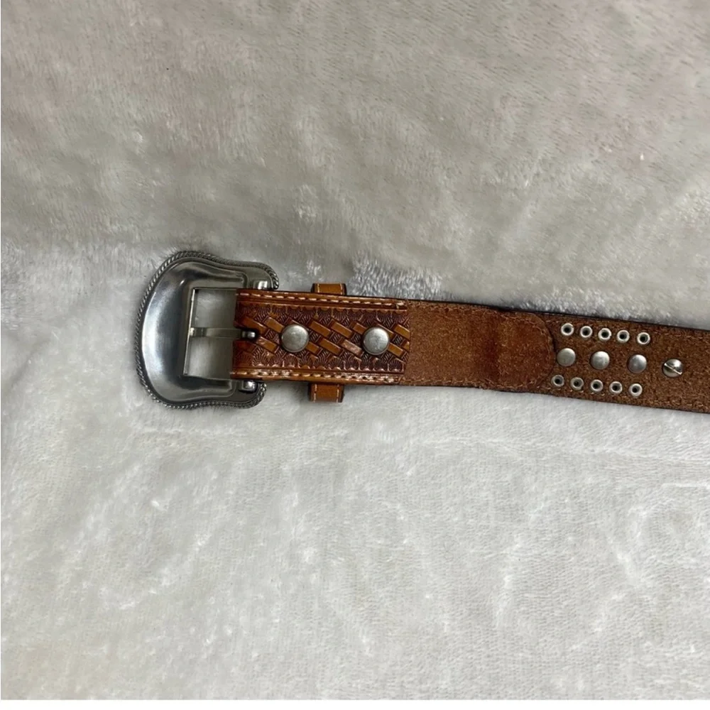 NOCONA Genuine Leather Kids Western Belt Brown Tooled Turquoise Cowboy Size 20